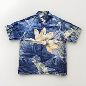 Jim Thompson Linen Button Up Shirt Blue Ivory Flower Resort Mens Size XL